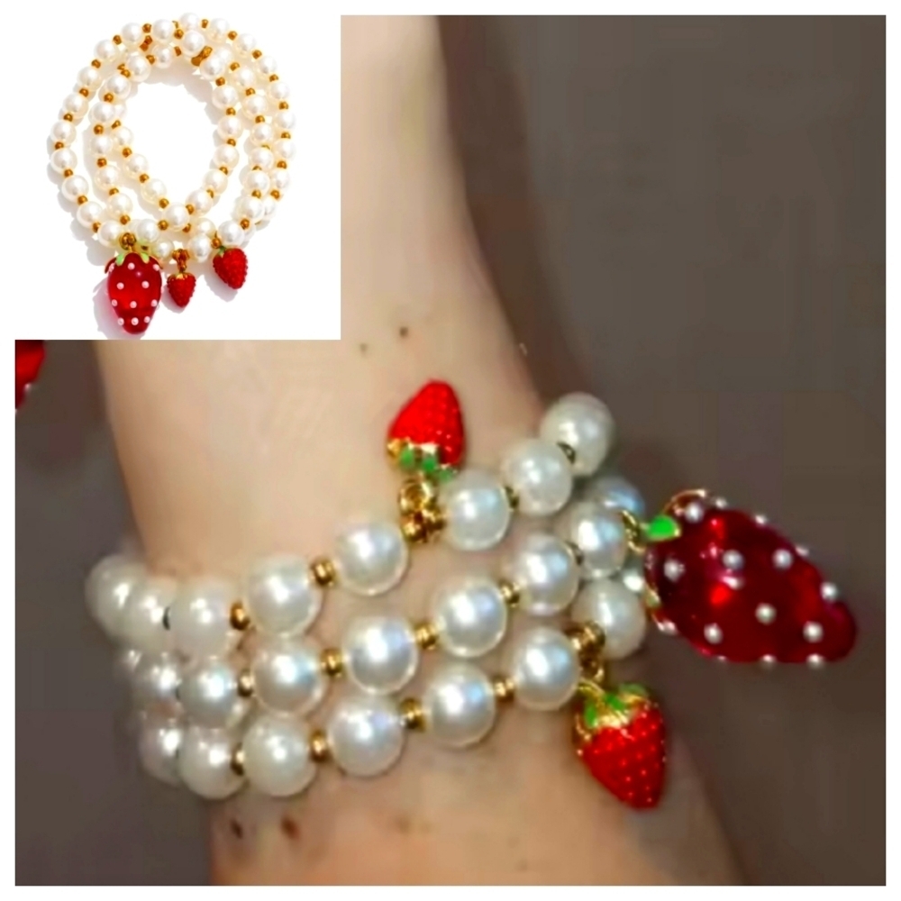 3 Pc Strawberry Icon Pearl Bracelet Set Stretch Adjustable Gold Plated | NWOT